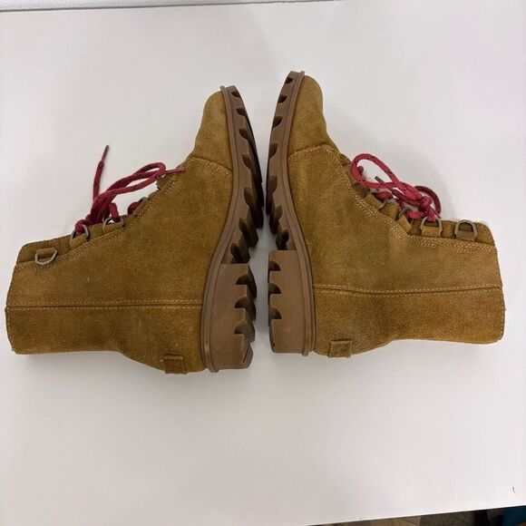 Sorel Tan Suede Sherpa Tongue Red Lace Up Mid Calf Combat Boots Women's Size 8 - Picture 9 of 11